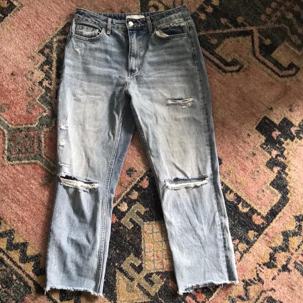 High rise non stretch straight distressed jeans